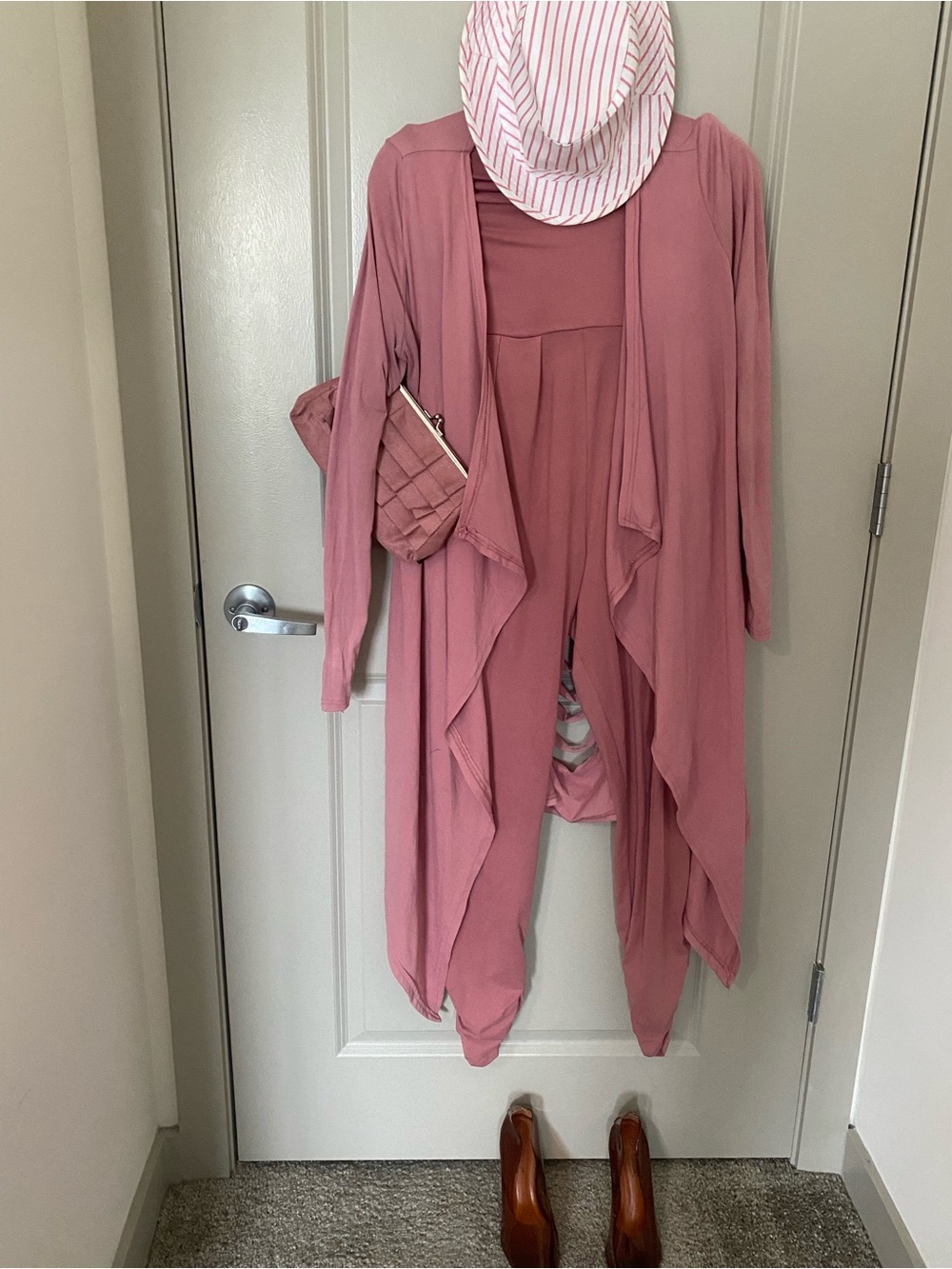 Mauve Pink Layered Drape Cardigan with Matching Jumpsuit and Striped Hat